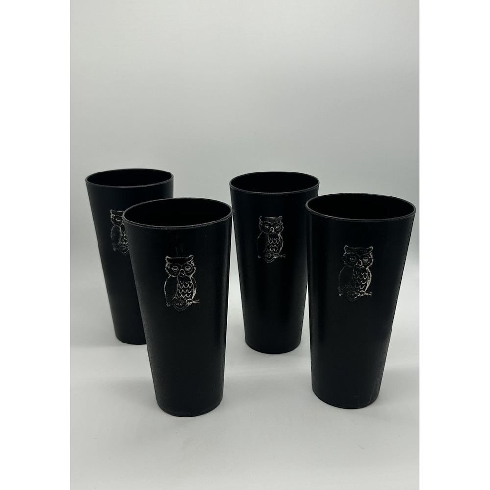 Vintage Plastic Tumbler Set 4 Retro 1970's Nasco Gold Owl Black MCM Kitchen